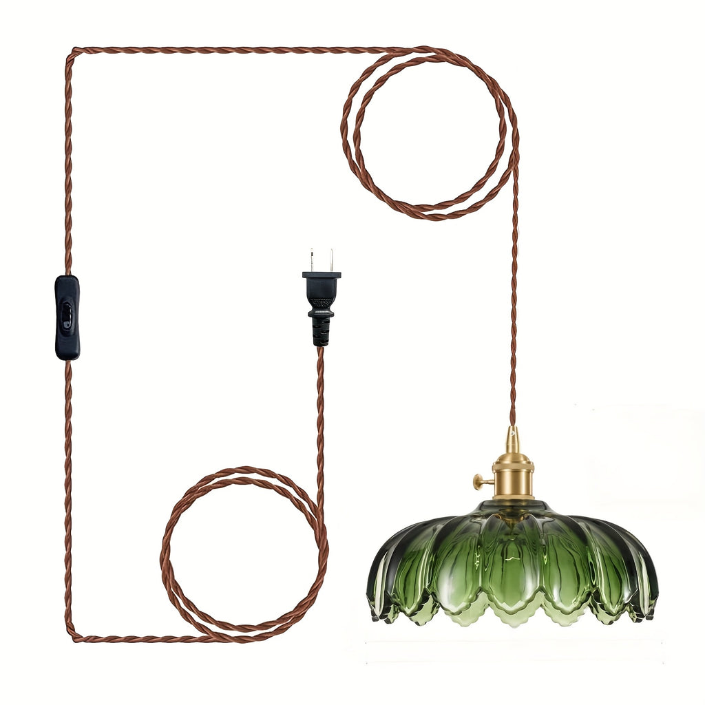 Green Glass Pendant Light with US Plug, Exquisite Handmade Craftsmanship, Unique Color, E26 Base, Suitable for Kitchen Island, Bedroom, Dining Room, Living Room