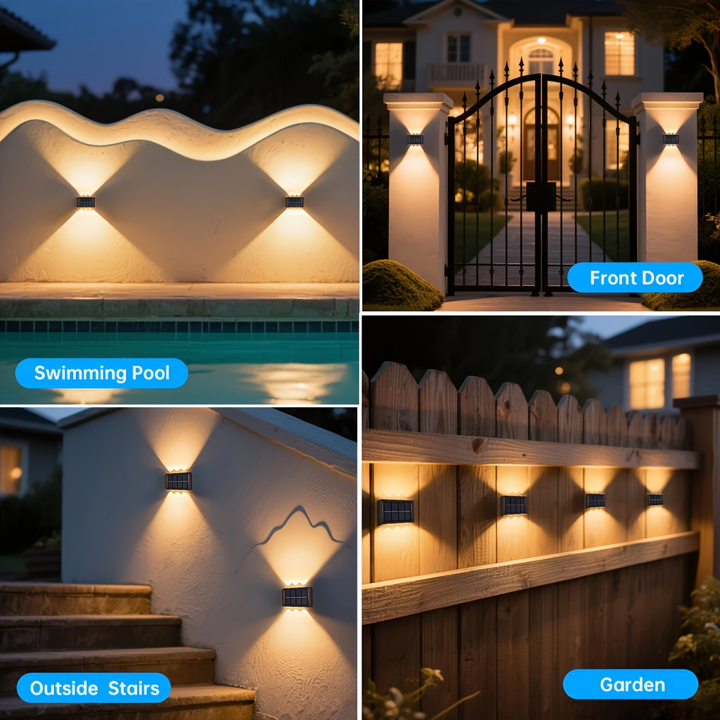 Four Sets Solar Wall Light, 6 LED Beads Outdoor Wall Light, Up and Down Lighting, Light Sensor, Suitable for Courtyard, Porch, Fence, Patio Lighting Wall Light, Holiday Atmosphere Decorative Light Fixture
