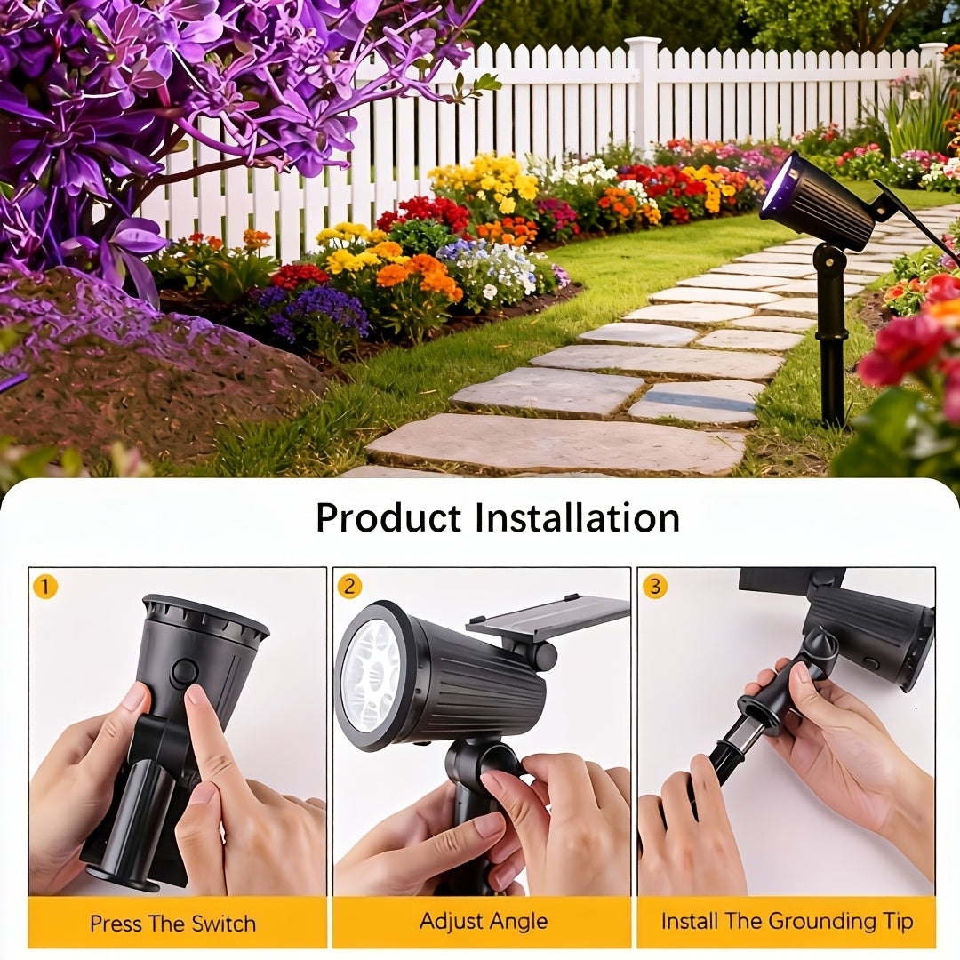 A set of 4 outdoor spotlight fixtures, featuring 9 LED solar lights, equipped with adjustable brightness and RGBW color-changing function. These landscape lights are easy to install, suitable for gardens, driveways, patios