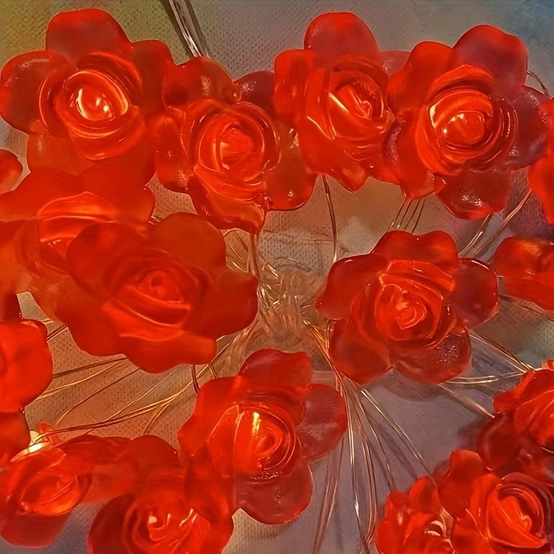 1 个含 20头 LED 灯的红色玫瑰花串灯，是情人节、生日、表白、求婚、布置氛围灯、房间（包括卧室、客厅）、墙壁装饰的理想之选 —— 由电池供电（不含电池）