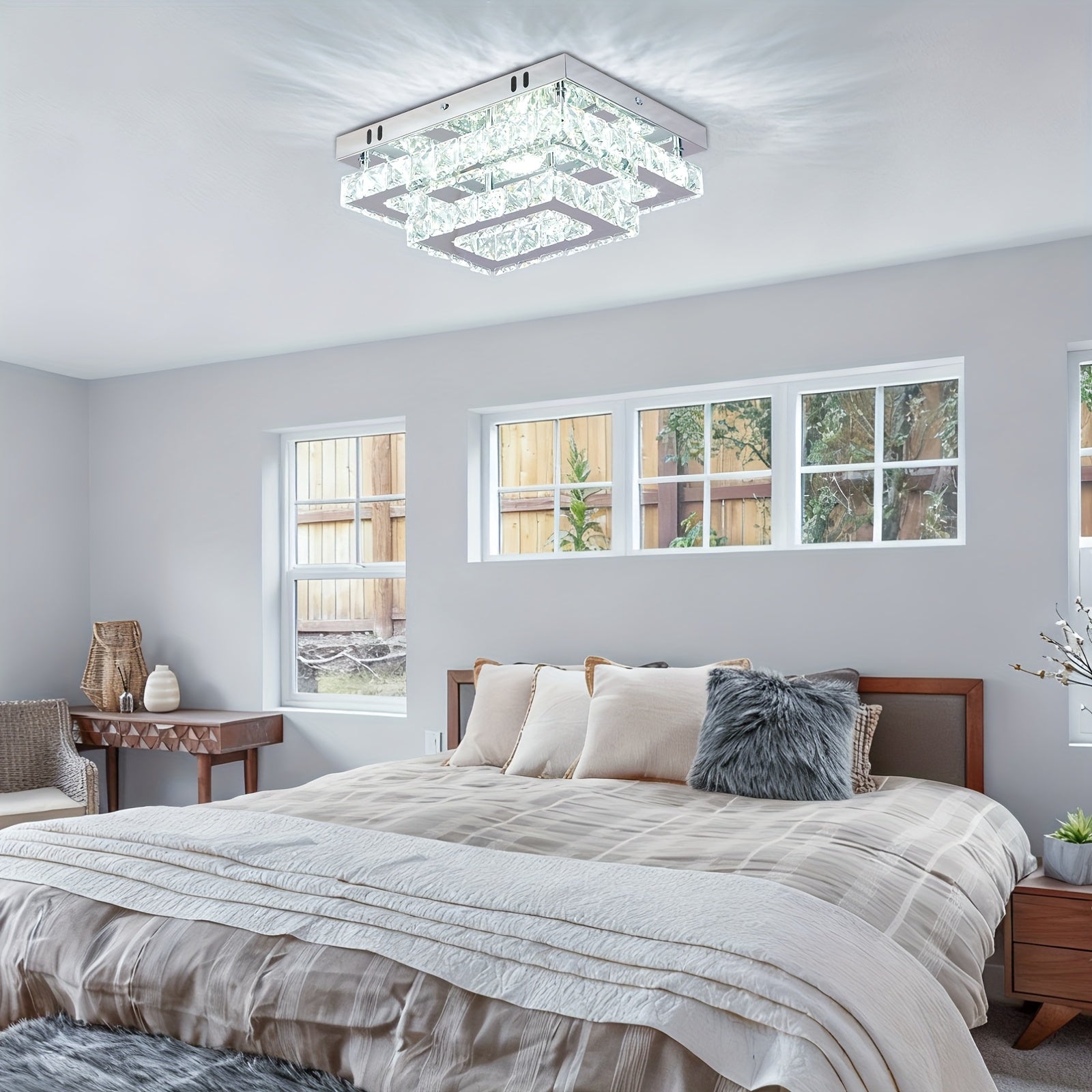 Modern rectangular crystal LED ceiling light, with K9 stainless steel, flush mount chandelier, suitable for living room, bedroom and dining room (dimmable)