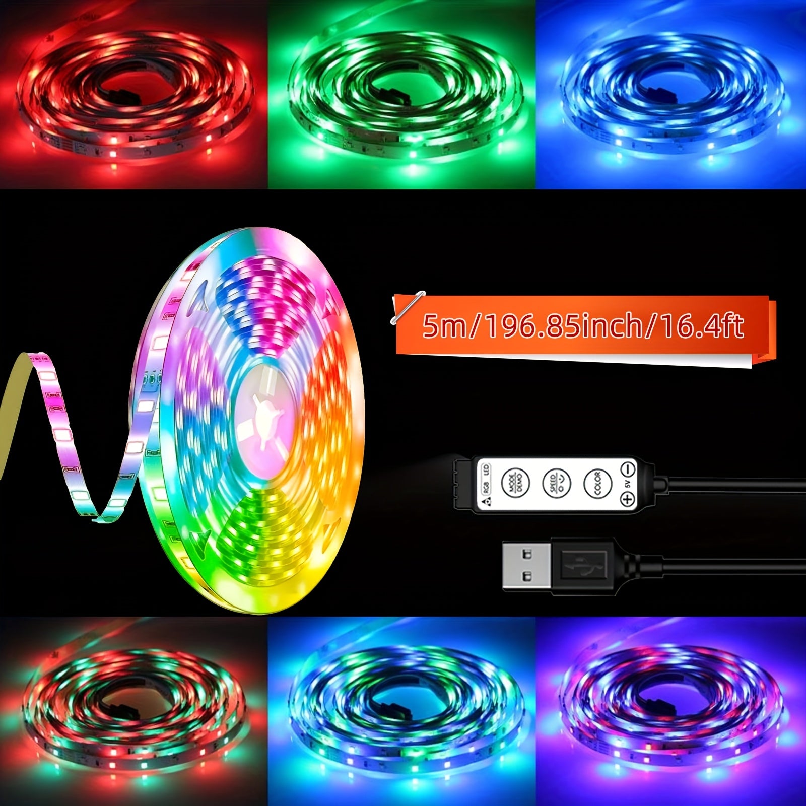LED灯带 196.85英寸/393.7英寸/590.55英寸，45颗LED每米，USB供电，3键控制，静态与动态模式，卧室、天花板、派对氛围装饰照明，便捷安装