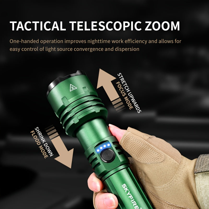 SKYFIRE LED Flashlight Up to 1500 Lumen Ultra Bright Rechargeable Tactical Flashlight Illuminates Up to 800 Meters Adjustable Focus Lens Ignition Function 5 Optional Modes