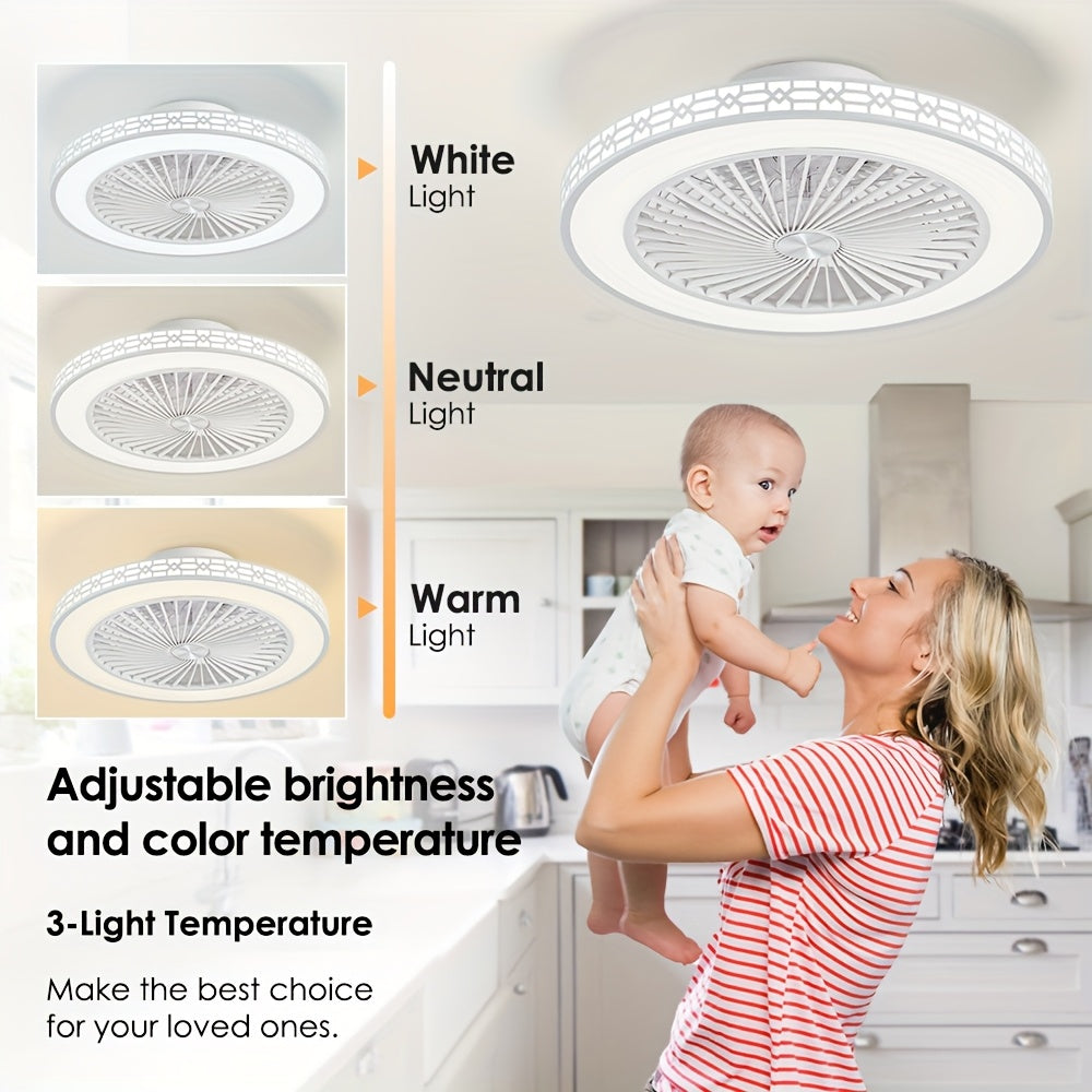 20 Inch Bladeless Ceiling Fan, Flush Mount Ceiling Fan, Low Profile Ceiling Fan, Reversible Dimmable Ceiling Fan, Silent Ceiling Fan, LED Stepless Dimming, 3 Color Temperature Adjustable and 4 Speed Levels