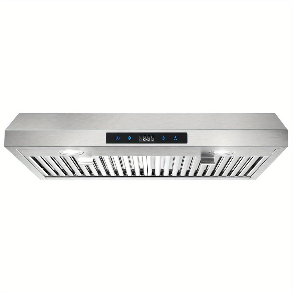 30-Inch Under-Cabinet Range Hood, 3-Way Exhaust, Silver Stainless Steel Construction with Baffle Filter, Kitchen Ventilator, Under-Cabinet Design, 3-Speed Exhaust Fan, Touch Control