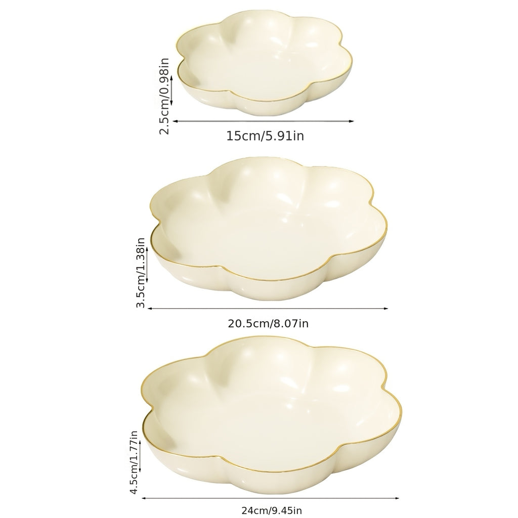 3-Piece Gold Rim Floral Fruit Bowl & Cake Stand Tray Set, New Year Candy Tray – Perfect for Afternoon Tea or Party Food, Outdoor, Hotel – Ideal for Living Room Decor, Family Dinner Table Fruit Bowl, Dessert Plate
