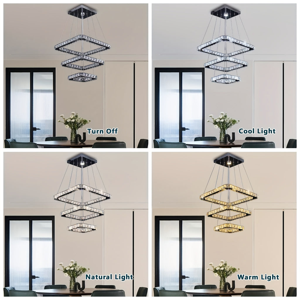 Elegant modern crystal chandelier, square design, three-ring structure, height adjustable, suitable for bedroom