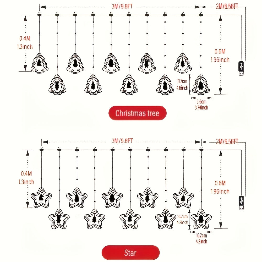 LED 窗帘灯，仿真星星 LED 灯串，带圣诞老人、雪人、麋鹿玩偶，USB 电源，带遥控器，可调光 8 种模式，适合圣诞节、卧室、新年礼物、派对婚礼使用