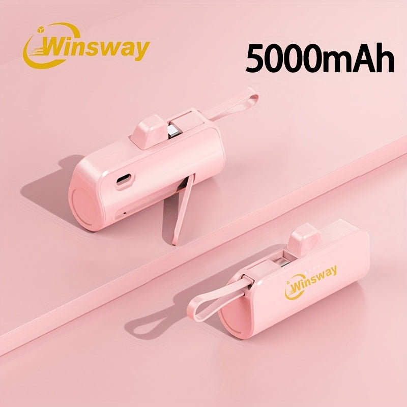 WINSWAY雙口5000毫安膠囊迷你口袋移動電源，便攜快速充電無線手機支架充電器，附Type-C資料線，支援同時為兩部手機充電，相容安卓、三星等裝置，適合旅行、飛機及假日使用。是送給愛美女友的必備好禮