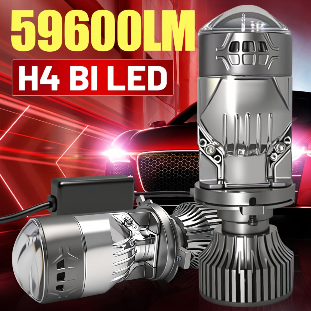 Two Pieces H4 LED Projector Headlight Lenses, 59600 Lumens, 800% Brighter, with Dual Lenses and Canbus Compatible, Automotive Lighting, Integrated All-in-One Bulb, Advanced Lighting Technology, No Battery Needed, 12 Volt