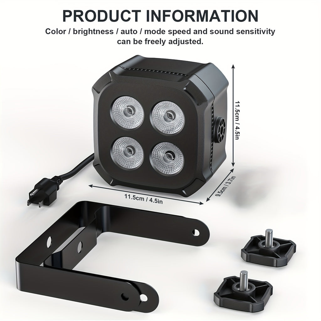 Mini stage light, available in 1, 2 or 4-pack, equipped with four 15W LED Par lights. These lightweight RGBW 4-in-1 LED stage lights feature DMX512 and sound-activated functions, suitable for home use, parties, performances and events.