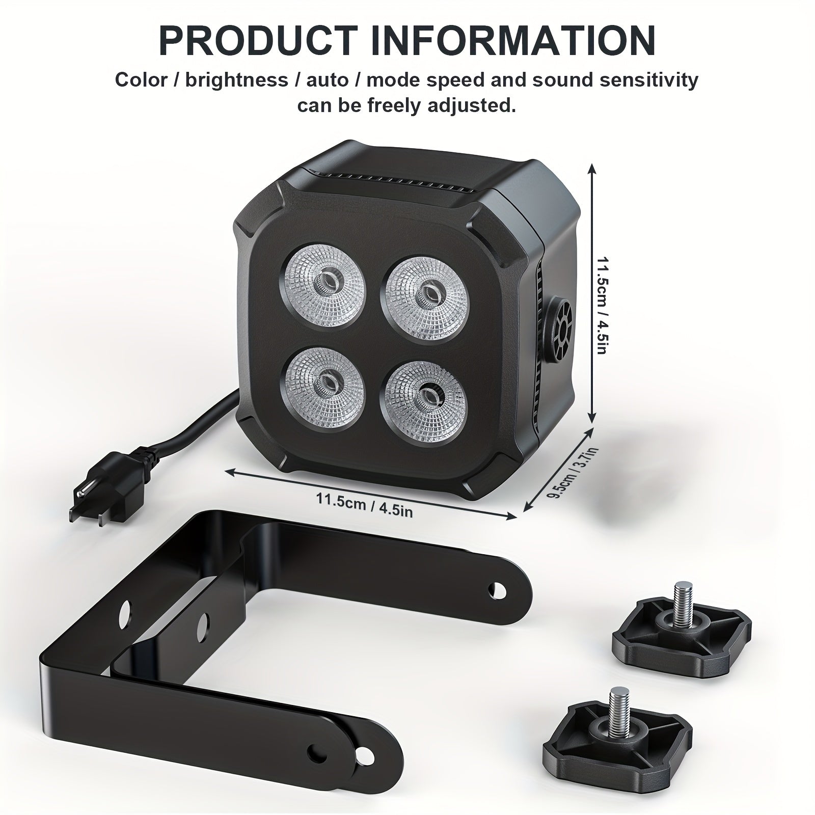Mini stage light, available in 1, 2 or 4-pack, equipped with four 15W LED Par lights. These lightweight RGBW 4-in-1 LED stage lights feature DMX512 and sound-activated functions, suitable for home use, parties, performances and events.