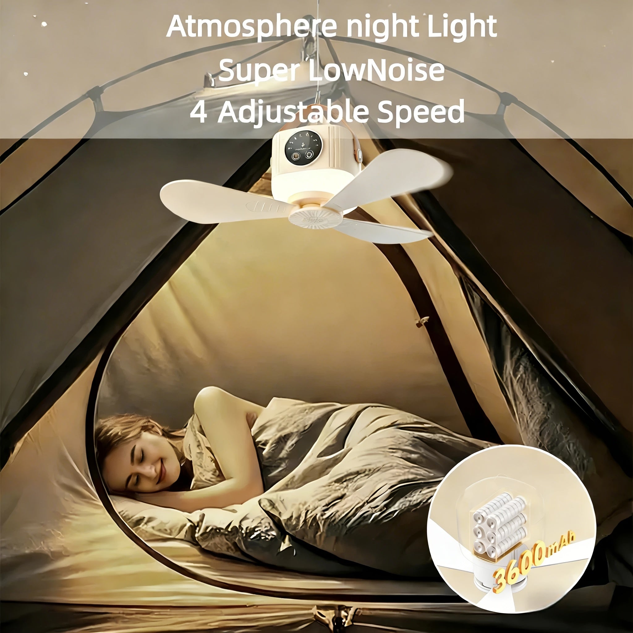 Portable Rechargeable Remote Control Small Hanging Fan with Light, Remote Operated, 4-Speed Adjustable, Quiet & Timer, 3-Level Night Light, Detachable Blades, Long-Lasting Battery, Safe for Outdoor Tents