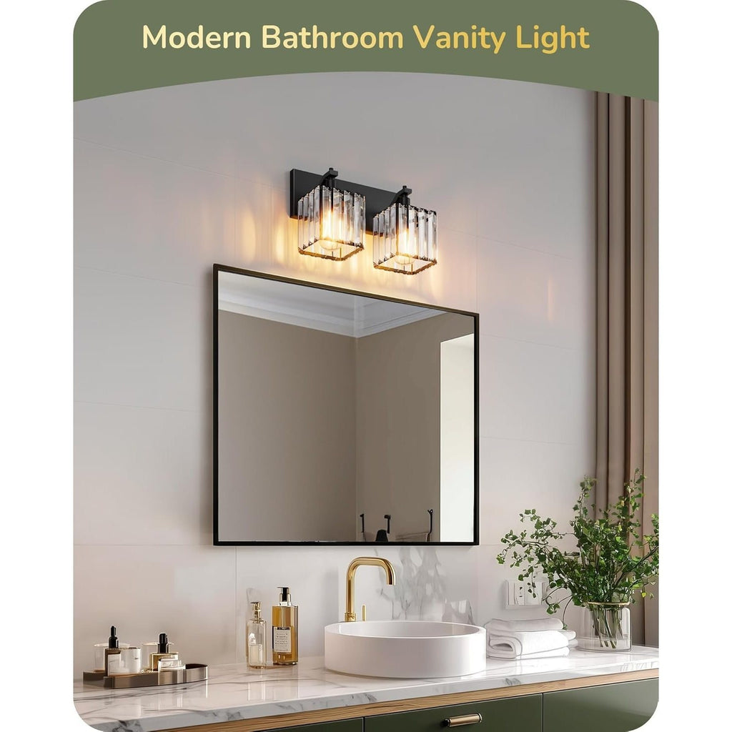 EDISHINE Double-Head Crystal Bathroom Vanity Light, Black Wall Mount Mirror Light, Modern E26 Screw Base Indoor Lighting Fixture, Suitable for Bathroom, Makeup Room, Bedroom
