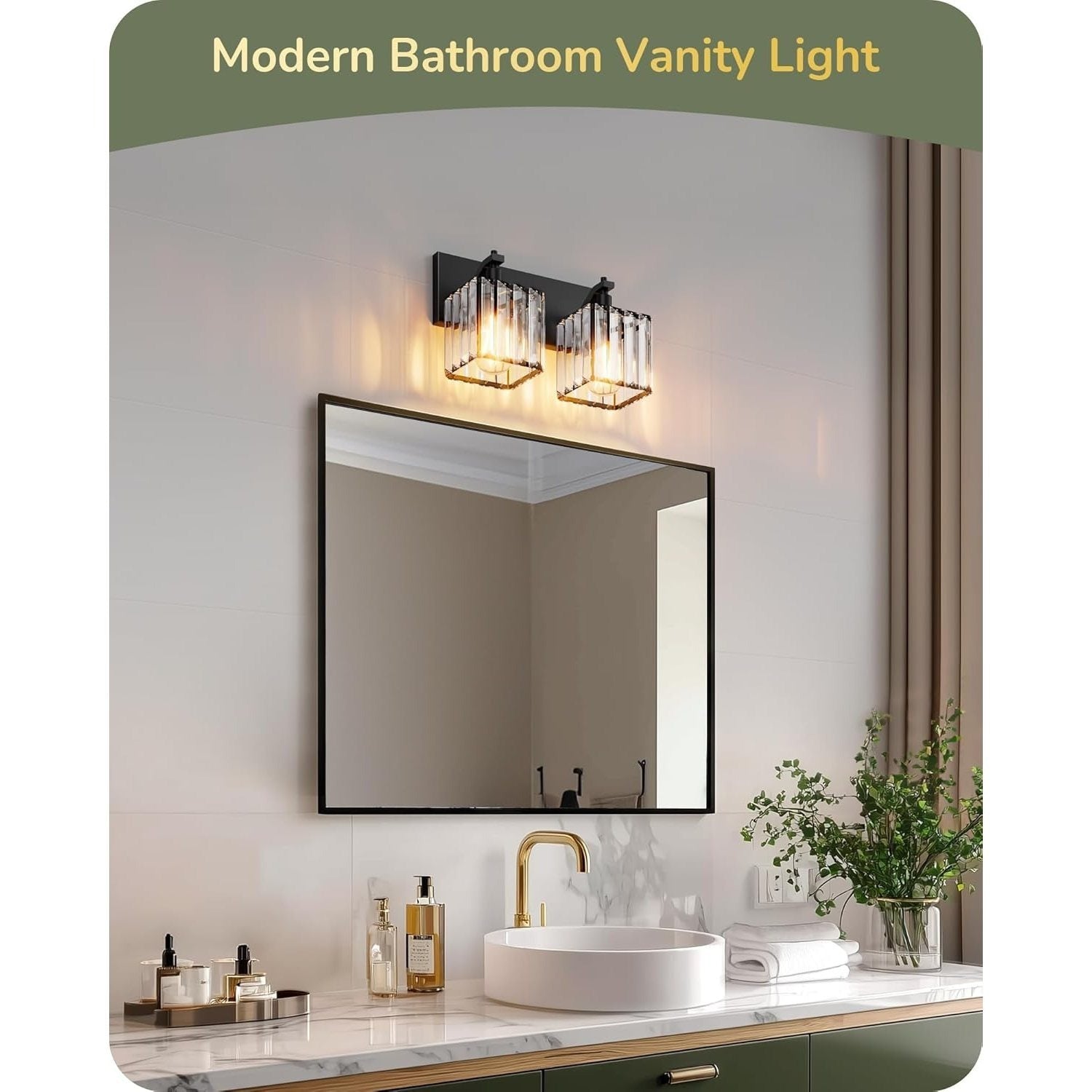 EDISHINE Double-Head Crystal Bathroom Vanity Light, Black Wall Mount Mirror Light, Modern E26 Screw Base Indoor Lighting Fixture, Suitable for Bathroom, Makeup Room, Bedroom