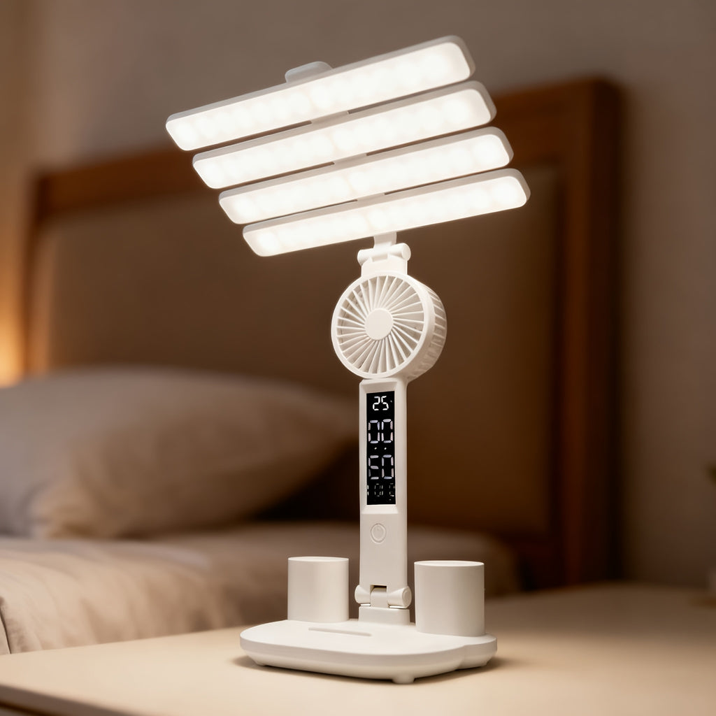 Multifunctional Folding Study Desk Lamp for Students, Built-in Fan, Clock & Temperature Display, Dual Pen Holder Storage, Phone Stand, Dimmable Eye-Caring Table Lamp, USB Powered