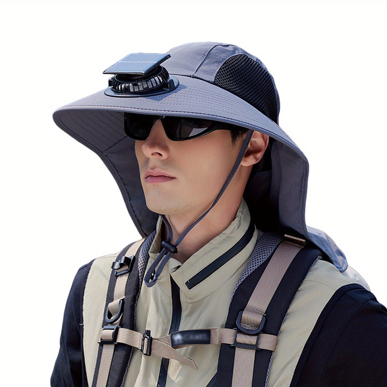 Men's Sun Hat with Solar Fan, Wide Brim Outdoor Boonie Hat, Lightweight African Safari Hat