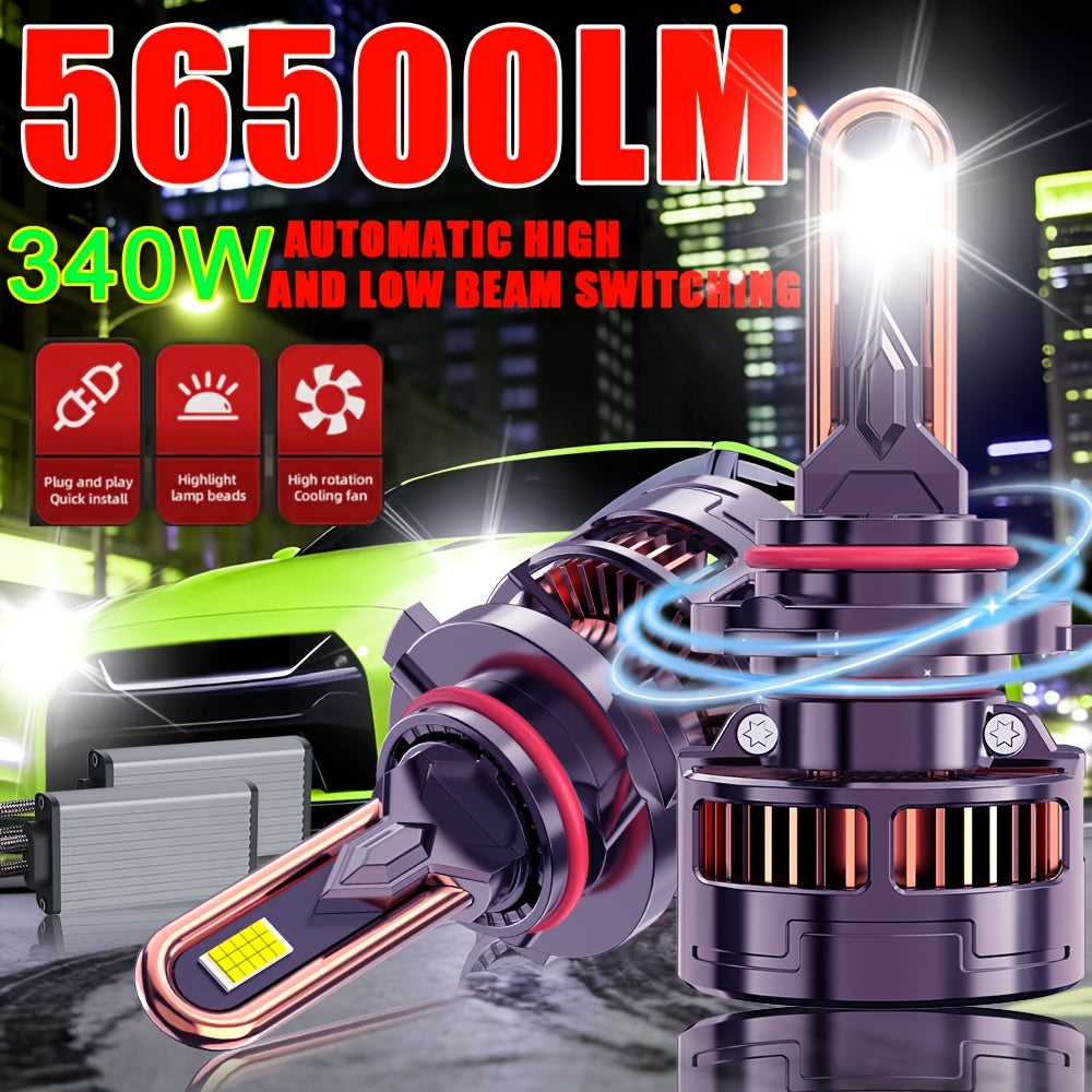 2-Pack H1 H4 H7 H11 9005 9006 9012 LED Car Headlights, 9570 CSP Chip White Light Technology, 56500 Lumens (340W) Brightness, High/Low Beam Integrated, Fast Heat Dissipation, Suitable for Various Environments, Plug-and-Play