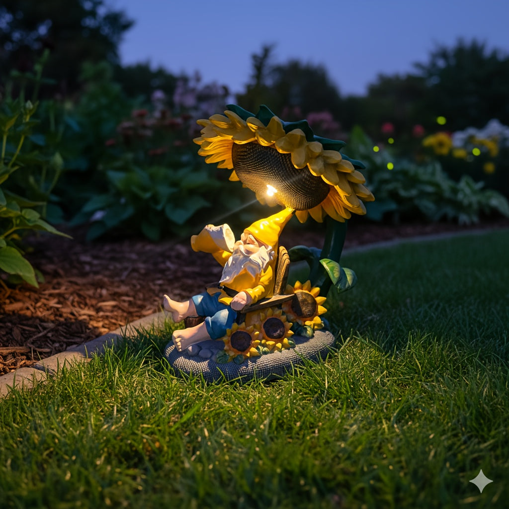 One Creative Solar Gnome Statue Light Under a Sunflower, Outdoor Whimsical Cozy Coffee-Drinking Old Gnome Christmas Ornament, Suitable for Garden Courtyard Miniature Landscape, Tabletop, Lawn, Flower Pot