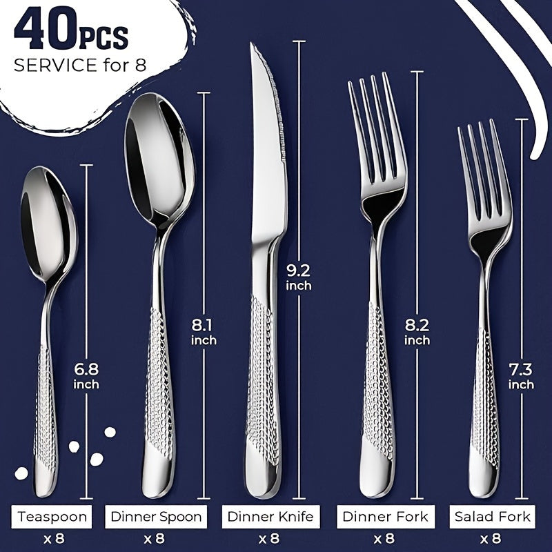 Hammered Silver Flatware Set, 40-Piece Stainless Steel Cutlery Set for 8 – Modern Kitchen Dinnerware Set, Includes Dinner Knife / Fork / Soup Spoon, Mirror Polished, Dishwasher Safe