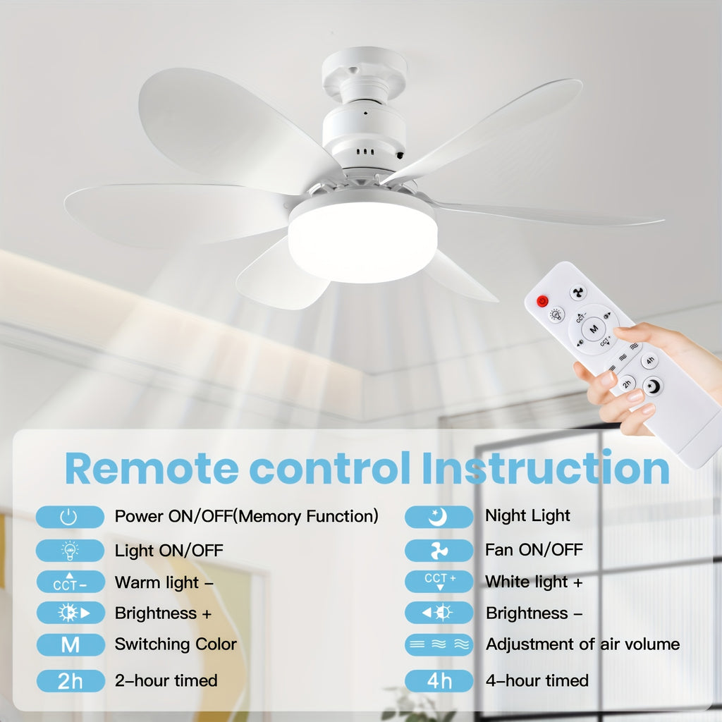 Remote Control Ceiling Fan Light, Integrated LED Lighting & Fan, 3-Speed Quiet Wind and 3 Color Temperature Adjustment 3000K-4500K-6500K, Tool-Free Installation & Timing Function, E26/E27 Interface 6-Blade Fan Light