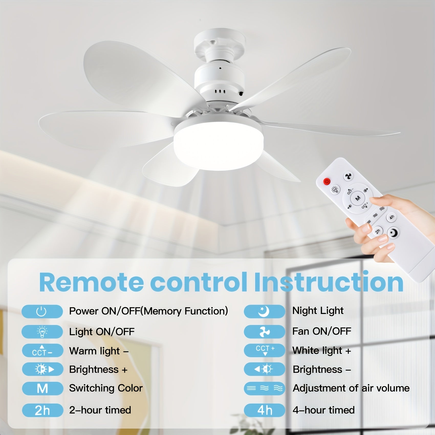 Remote Control Ceiling Fan Light, Integrated LED Lighting & Fan, 3-Speed Quiet Wind and 3 Color Temperature Adjustment 3000K-4500K-6500K, Tool-Free Installation & Timing Function, E26/E27 Interface 6-Blade Fan Light