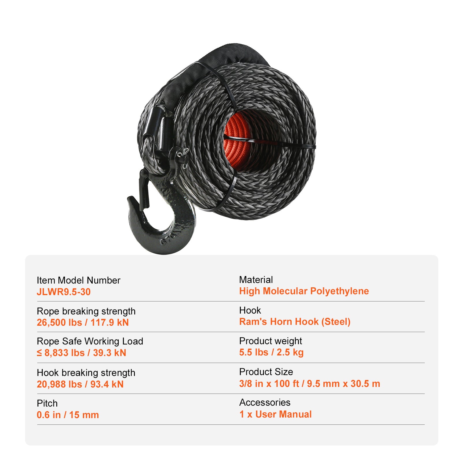 VEVOR Synthetic Winch Rope, 3/16″ / 3/8″ / 1/2″ x 50ft / 85ft / 92ft / 100ft 8,350lbs Synthetic Winch Cable Rope with Protective Sleeve + Stopper + Forged Winch Hook + Pull Strap, Universal for ATV, UTV, Vehicle Trailer