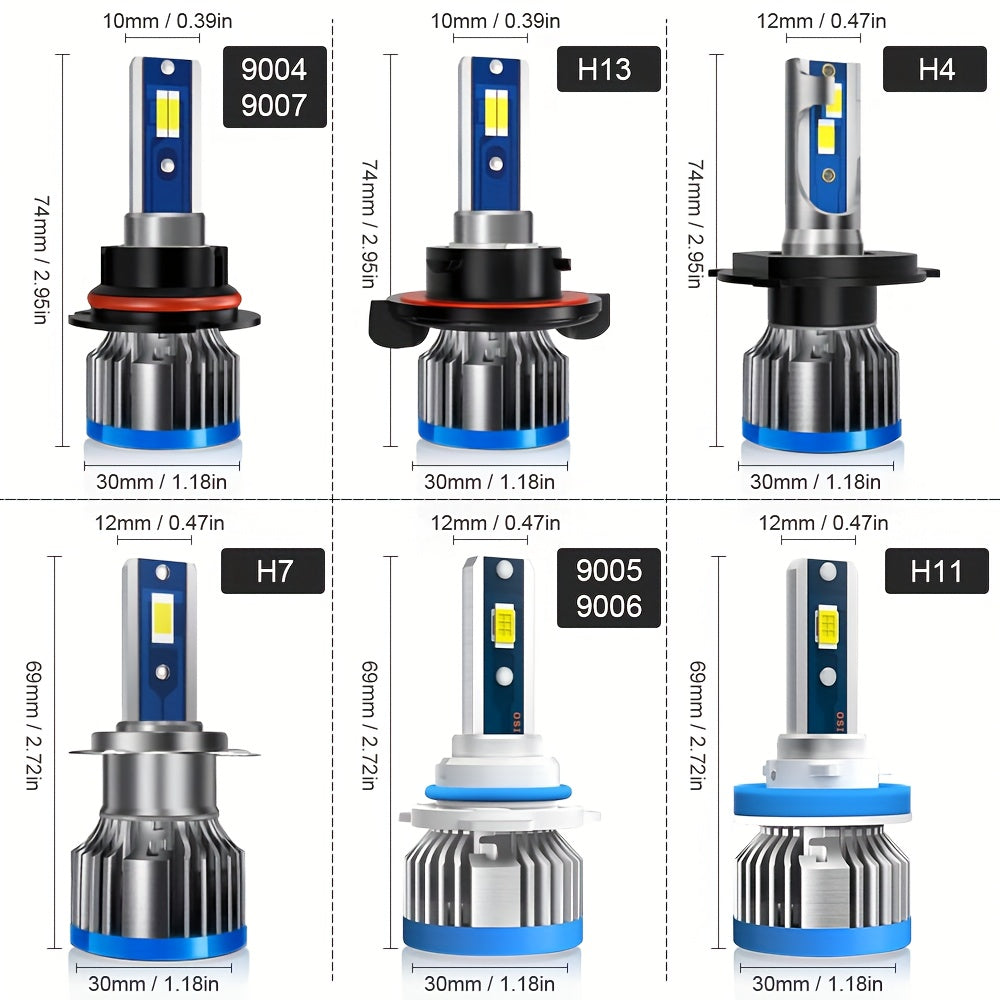 高功率高亮度汽车LED灯泡，采用3570芯片，适配H4、H7、H11、H8、H9、9005、HB3、9006、HB4、H1车型，6500K白光，超长寿命汽车大灯，2只装