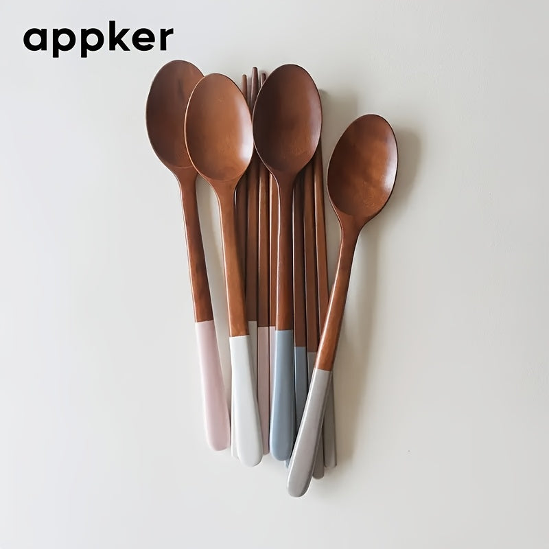 Appker Japanese Wooden Dinnerware Set 4-Piece – Colorful Long Handle Spoon & Chopstick Set – Handcrafted Reusable Cutlery Set for Halloween