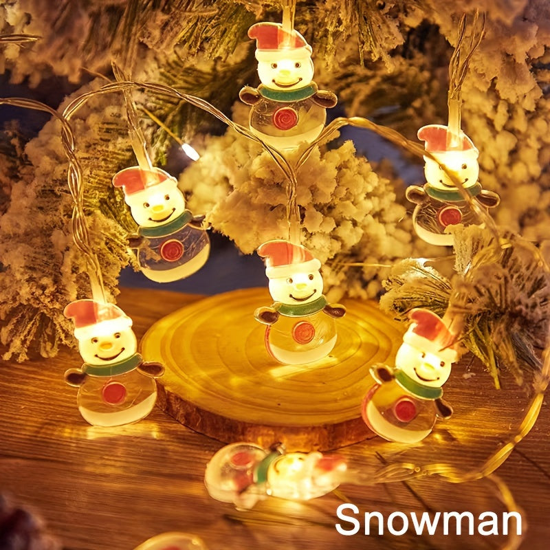一串聖誕燈串，包含聖誕老人、聖誕樹和雪人，非常適合在聖誕節、感恩節、新年、家庭聚會和派對期間裝飾。有10顆或20顆燈可選（不含電池）