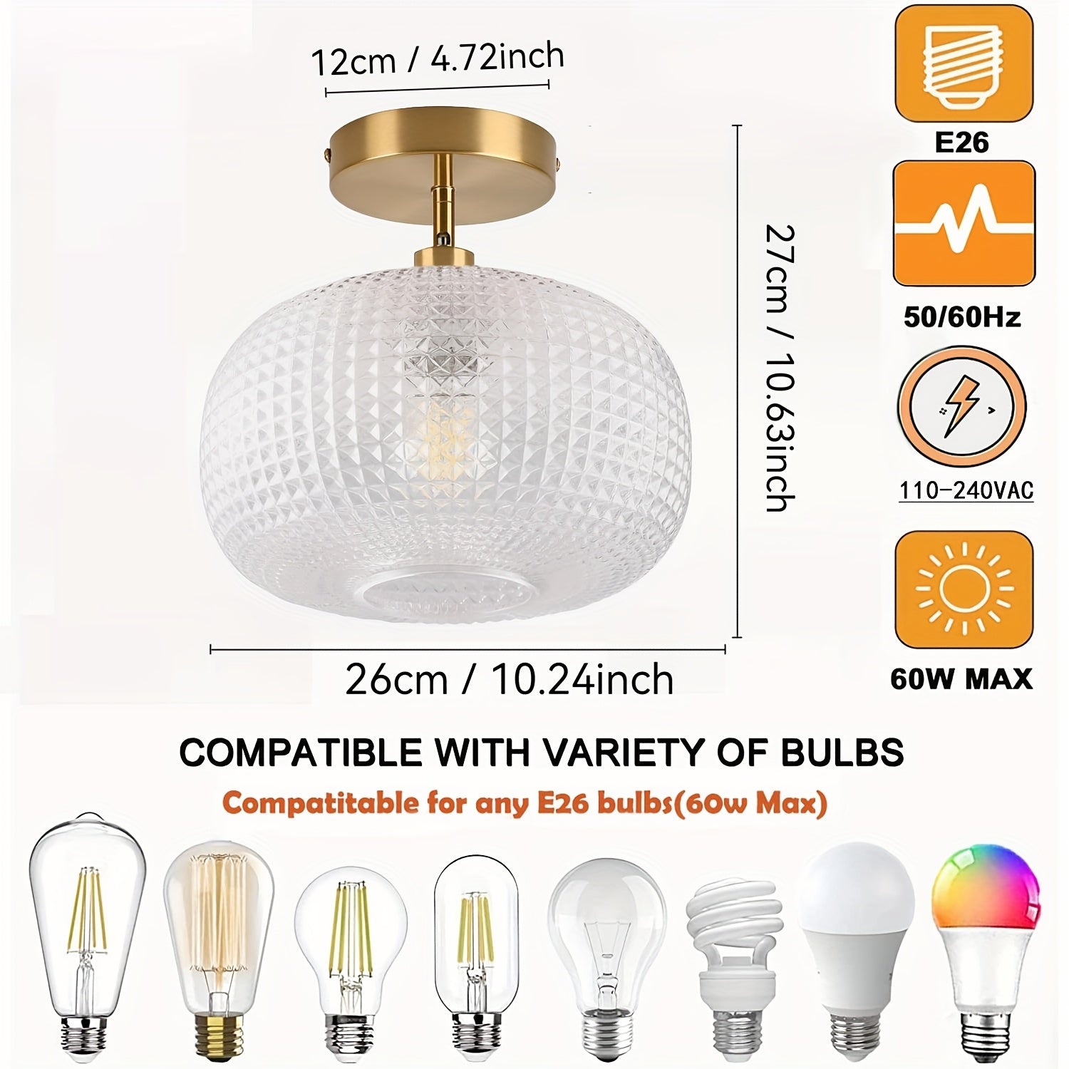 Glass Ceiling Light Globe Flush Mount Fixture Modern Farmhouse Lighting Semi-Flush Mount Light Suitable for Kitchen Hallway Bedroom Entryway Laundry Room Living Room Dining Room E26/E27 Base (Bulb Not Included)