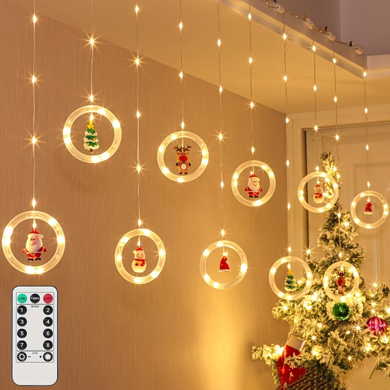 LED 窗帘灯，仿真星星 LED 灯串，带圣诞老人、雪人、麋鹿玩偶，USB 电源，带遥控器，可调光 8 种模式，适合圣诞节、卧室、新年礼物、派对婚礼使用