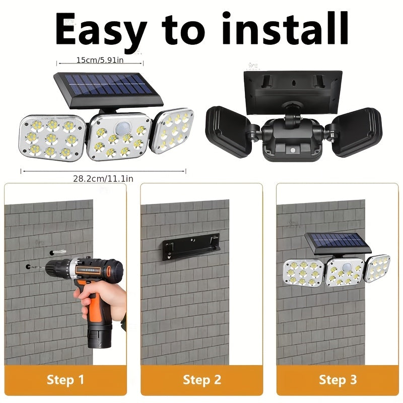 One-Piece, Equipped with 3 Rotatable LED Heads, Total 138 LED Beads, Wireless Sensor Solar Light; 270° Wide Angle Illumination, All-Round Security Outdoor Solar Spotlight, Semi-Flush Mount Plastic Wall Light, Solar Powered, No Wiring Needed