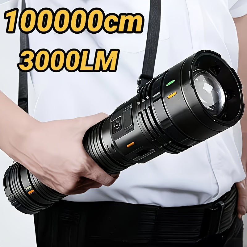 Super Bright High Lumen Telescopic Tactical Flashlight, USB Rechargeable, 3000 Lumen, 3600mAh, IP44 Waterproof, Ideal for Outdoor, Camping, Adventure, Fishing, Patrol, Home Use and Gift