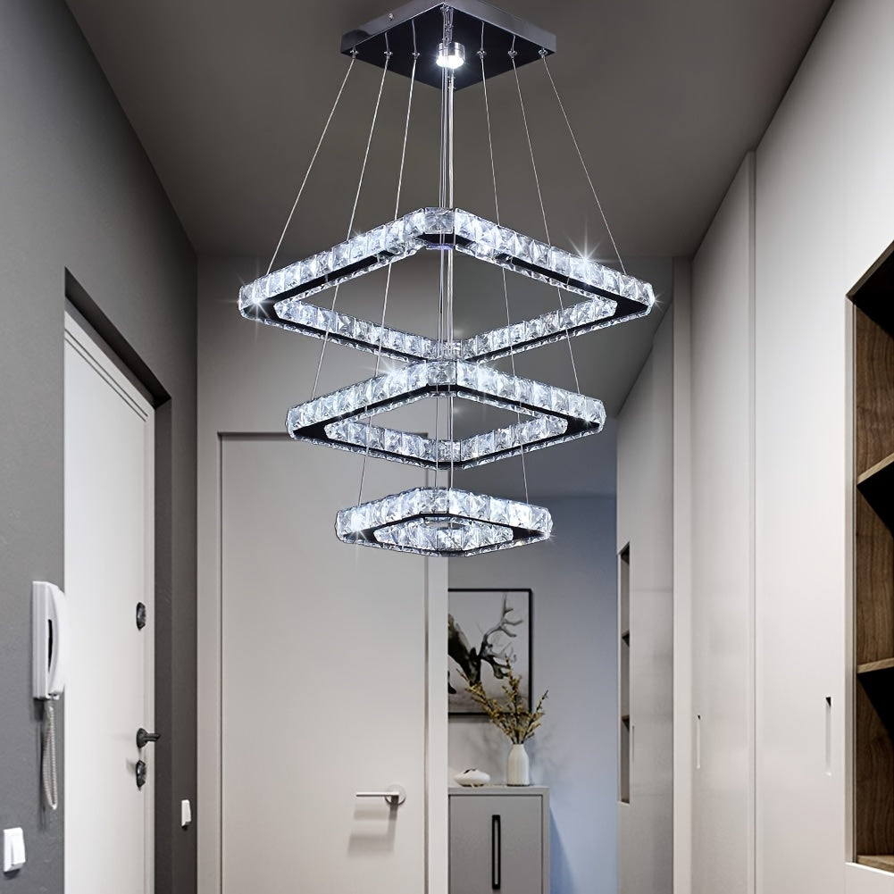 Modern Square Ring Crystal Chandelier, Height Adjustable Ceiling Light (Cool White Light)