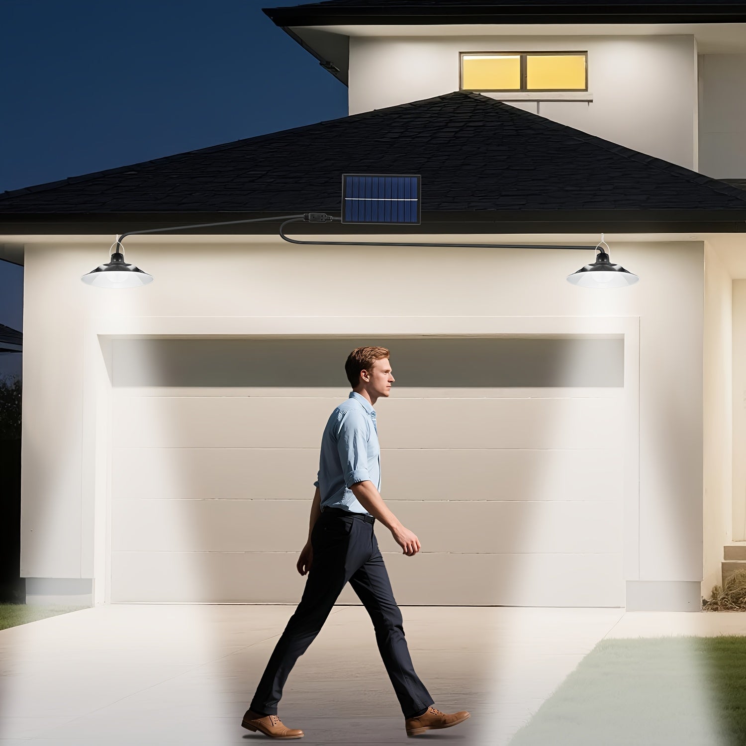 Dual-Head Hanging Light, Solar Powered, Indoor/Outdoor Universal - Classic Barn Style with On/Off Sensor - Perfect for Patio, Garage, Kitchen and Living Room