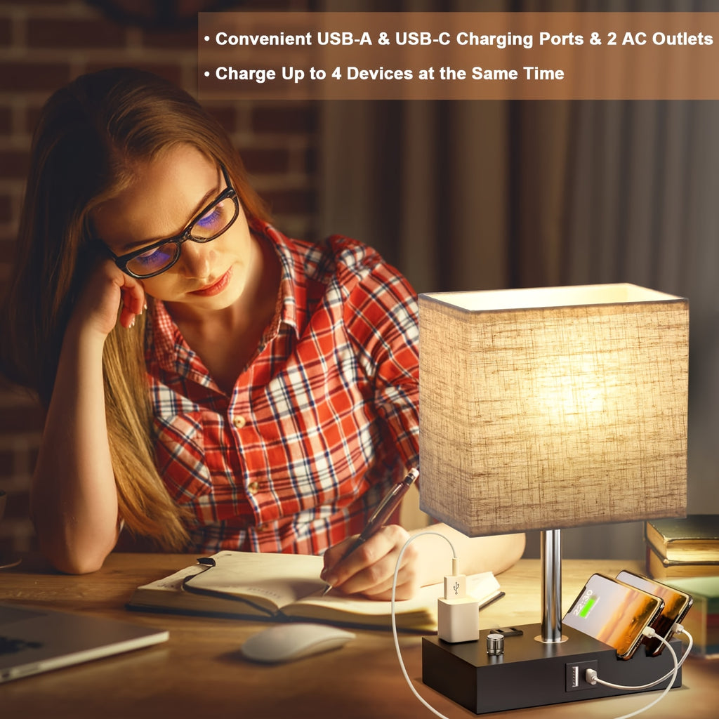 Bedroom table lamp, with dual USB ports, dimmable bedside lamp, with phone stand and 2 charging outlets, table lamp for nightstand and living room, LED bulb included