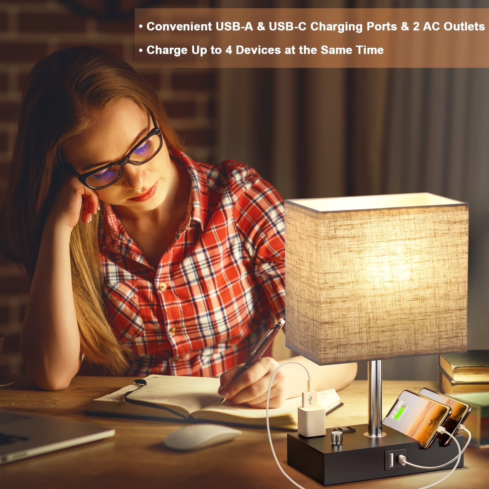 Bedroom table lamp, with dual USB ports, dimmable bedside lamp, with phone stand and 2 charging outlets, table lamp for nightstand and living room, LED bulb included