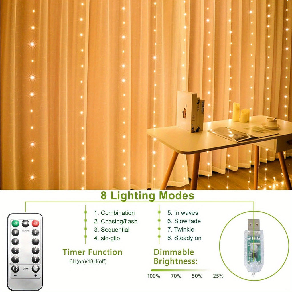 LED 氣氛窗簾燈，氣氛窗簾燈，適用於臥室，冷白色，USB 插電，8 種模式吊燈串燈，附遙控器，適合聖誕節、臥室、室內、婚禮、派對等裝飾，適合所有季節