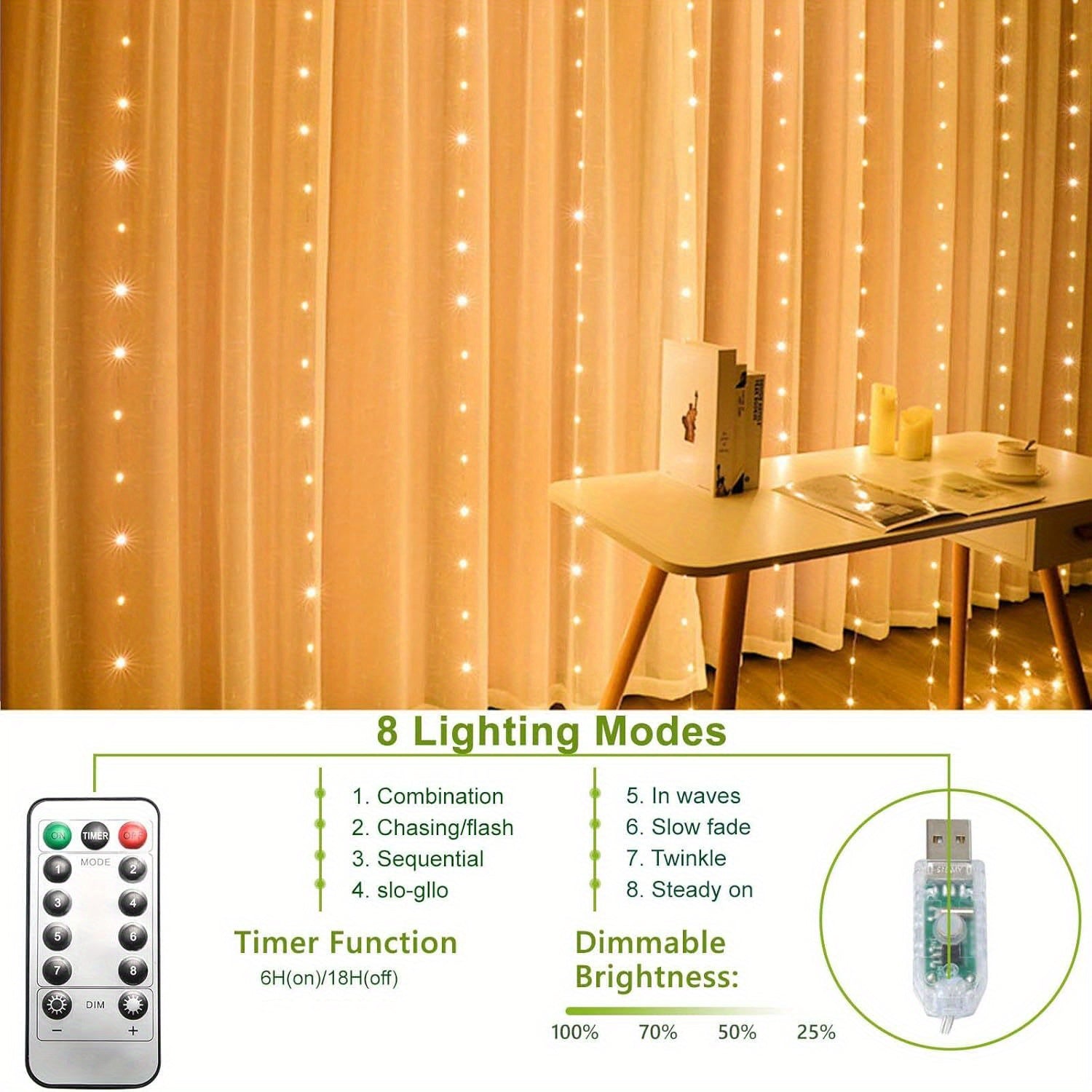 LED 氣氛窗簾燈，氣氛窗簾燈，適用於臥室，冷白色，USB 插電，8 種模式吊燈串燈，附遙控器，適合聖誕節、臥室、室內、婚禮、派對等裝飾，適合所有季節