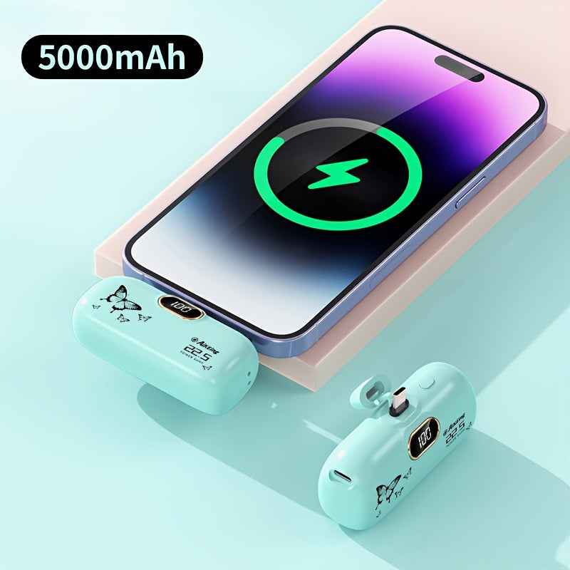 Aikeing 5000mAh 迷你行動電源，iPhone 充電器，內建 Type-C 接頭，適用於 Android 和所有行動裝置的快充行動電源，輕巧旅行充電器，緊急口袋充電器，方便攜帶使用（萬聖節、聖誕節、當地倉庫）