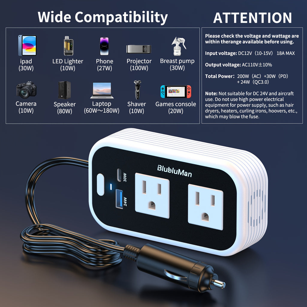200W车载电压变换器，Blubluman 12V直流转110V交流插座带30W USB-C，QC3.0快充24W，适用于汽车的电源逆变器，笔记本电脑充电接口