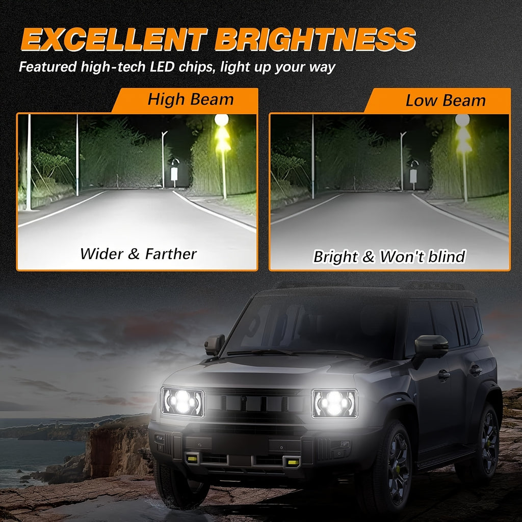 2-Pack 4X6 LED Headlight Set with High/Low Beam, Designed for Cars, with Daytime Running Light and Turn Signal, Suitable for 12V and 24V Trucks, No Battery Included
