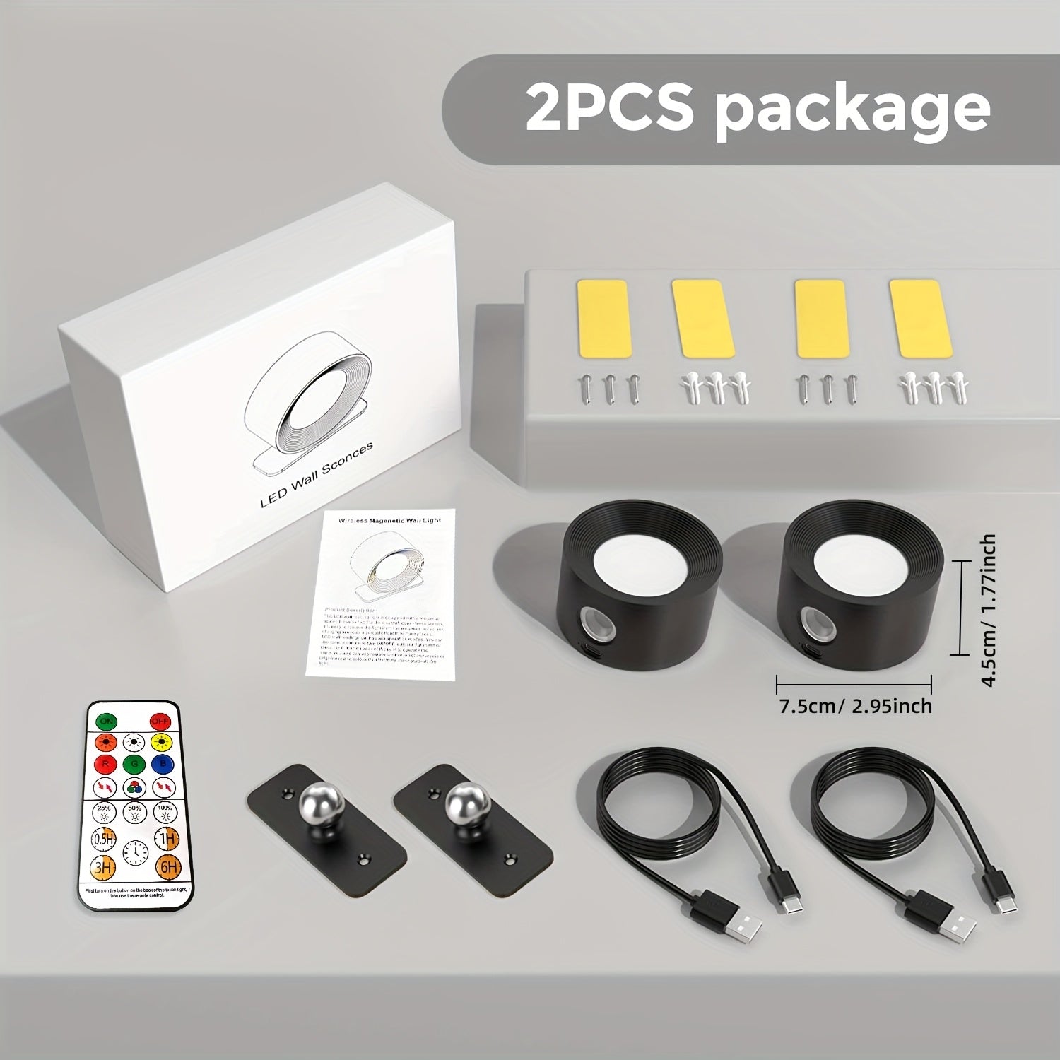2-Pack LED Smart Wall Light, Dimmable Wall Lamp with 3 Lighting Modes and 16-Color RGB Remote/Touch Control, Powered by 2000mAh Rechargeable Battery, Suitable for Bedside Reading