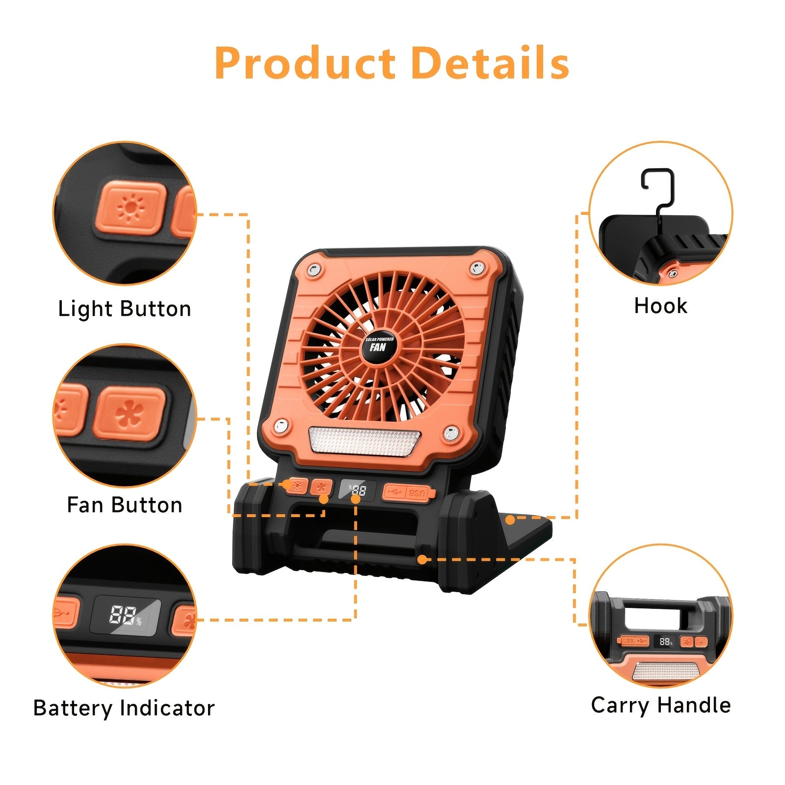 Portable Camping Fan, USB & Solar Charging, 3 Wind Speed Levels, Digital Power Display, 5 Lighting Modes, Emergency Light, Built-in Hook, Ideal for Camping & Auto Repair, Comes with Storage Bag