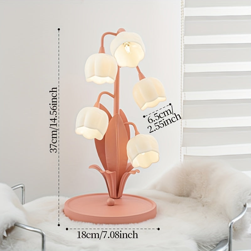Pink warm table lamp, gold light luxury table lamp, five lily of the valley flowers table lamp, creative acrylic flower shape, home decoration desk lamp, floral theme ambiance light, themed homestay hotel decorative lamp