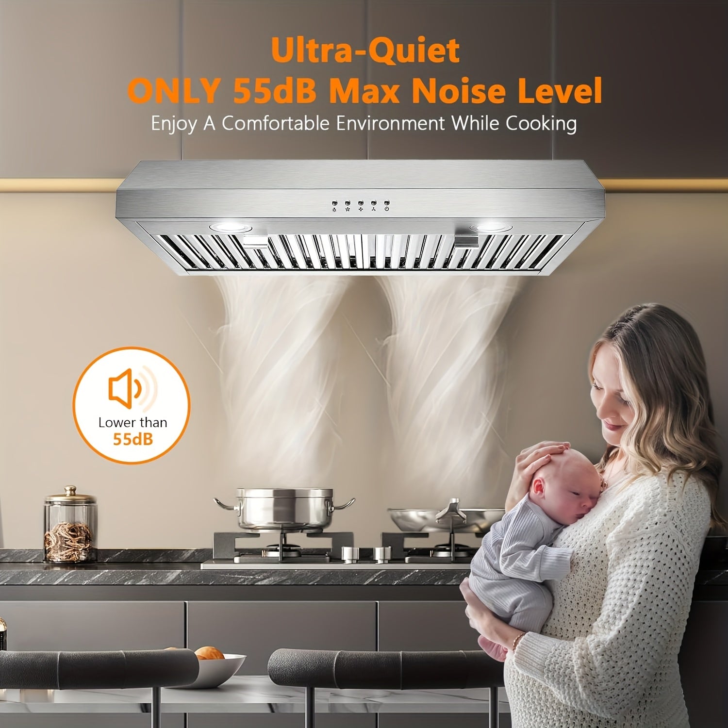 30-Inch Under-Cabinet Chimney, 3 Ventilation Modes, Stainless Steel Chimney, Under-Cabinet Chimney 3-Speed Fan, Kitchen Ventilation Chimney 30-Inch, Baffle Filter, LED Light
