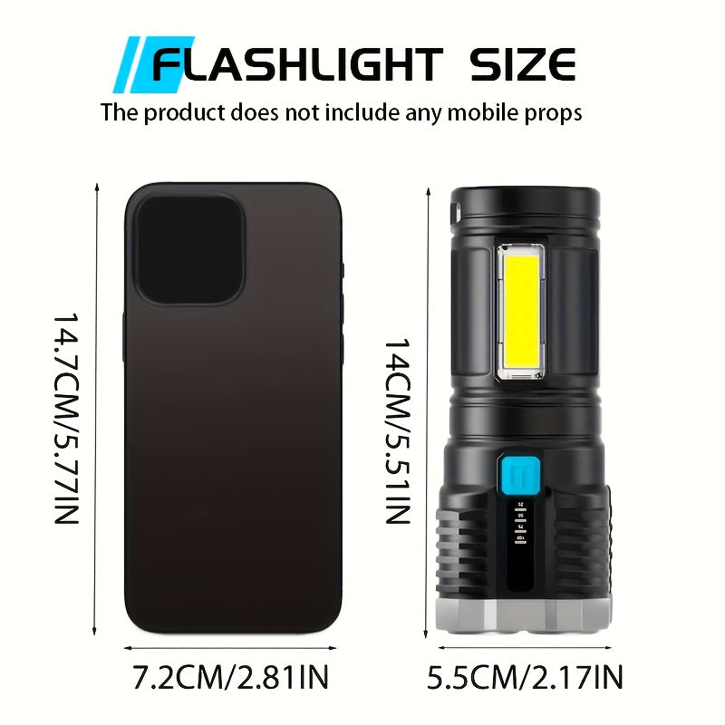 1PC 4LED Flashlight with COB Side Light, 4 Lighting Modes USB Rechargeable, Camping Tool, Plastic Material