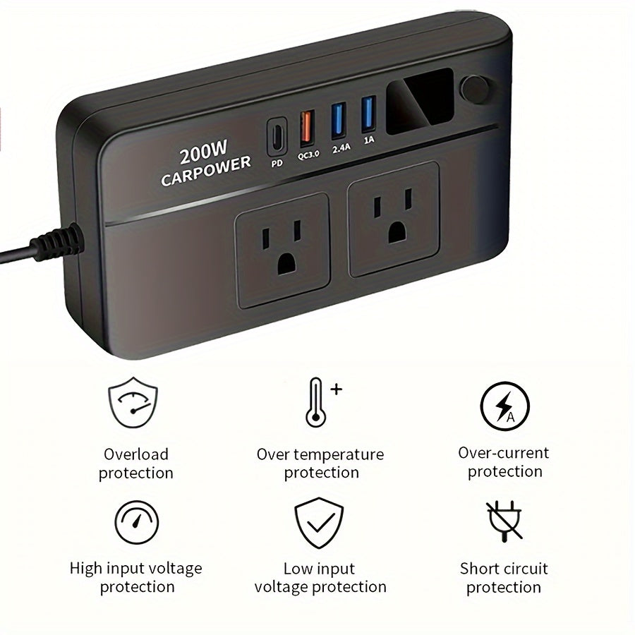 200瓦汽车电源逆变器，DC 12V转AC 110V车载充电适配器带开关和电流LED显示屏，3个USB接口+1个Type-C端口，适用于轿车、SUV及卡车（黑色）