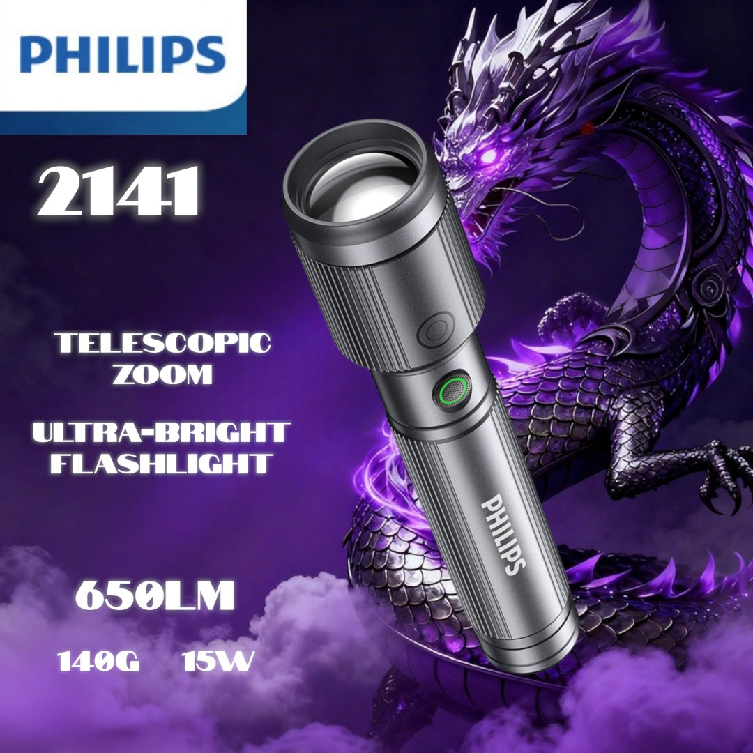 Philips High-Power Zoomable Direct-Charging Flashlight, High-Lumen Tactical Torch, 5 Modes: Strong Light/Weak Light/Strobe/SOS/Brightness Adjustment, Long-Lasting Battery, Ideal for Camping, Daily Use